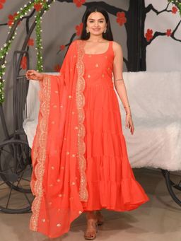 Odette - Orange Georgette Embroidered Stitched Kurta Pant and Dupatta for Women (Set of 3)