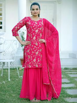 Odette - Pink Georgette Embroidered Stitched Kurta Pant and Dupatta for Women (Set of 3)