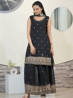 Odette - Black Georgette Embroidered Stitched Kurta Pant and Dupatta for Women (Set of 3)