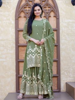 Odette - Pista Green Georgette Embroidered Stitched Kurta Pant and Dupatta for Women (Set of 3)
