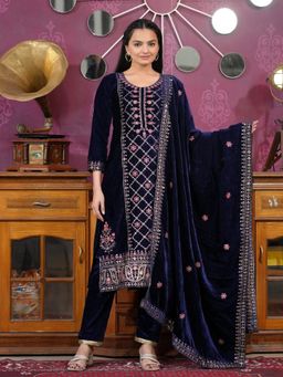 Odette - Navy Blue Velvet Embroidered Stitched Kurta Pant and Dupatta for Women (Set of 3)