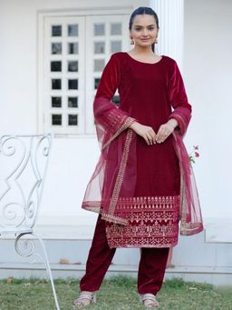 Odette - Red Velvet Embroidered Stitched Kurta Pant and Dupatta for Women (Set of 3)