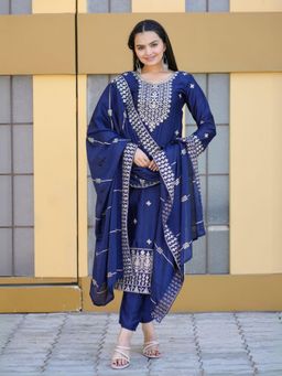 Odette - Blue Chinon Embroidered Stitched Kurta Pant and Dupatta for Women (Set of 3)