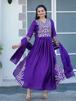 Odette - Purple Chinon Embroidered Stitched Kurta Pant and Dupatta for Women (Set of 3)