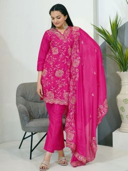 Odette - Pink Chinon Embroidered Stitched Kurta Pant and Dupatta for Women (Set of 3)