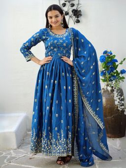 Odette - Blue Chinon Embroidered Stitched Kurta Pant and Dupatta for Women (Set of 3)