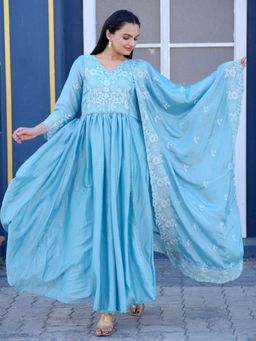 Odette - Sky Blue Chinon Embroidered Stitched Kurta Pant and Dupatta for Women (Set of 3)
