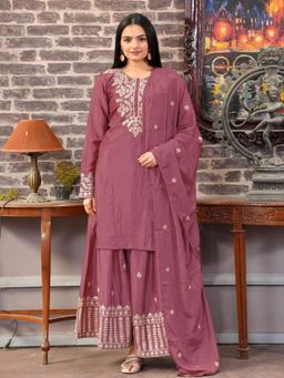 Odette - Blush Pink Chinon Embroidered Stitched Kurta Pant and Dupatta for Women (Set of 3)