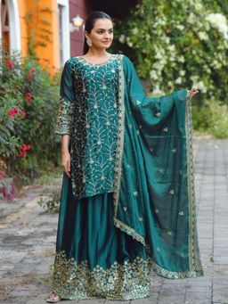 Odette - Teal Green Poly Georgette Embroidered Stitched Kurta Pant and Dupatta for Women (Set of 3)