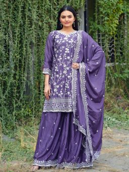 Odette - Lavender Chinon Embroidered Stitched Kurta Pant and Dupatta for Women (Set of 3)