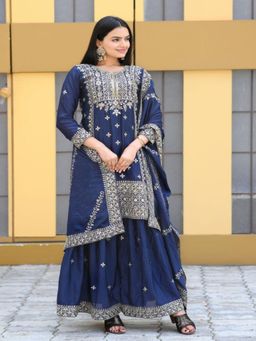 Odette - Blue Chinon Embroidered Stitched Kurta Pant and Dupatta for Women (Set of 3)