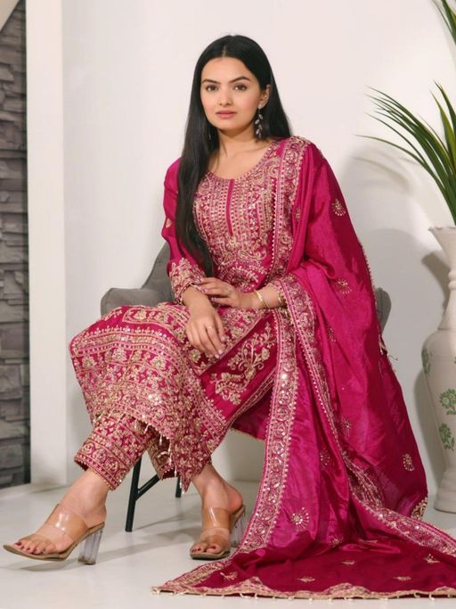 Odette Pink Chinon Embroidered Stitched Kurta Pant and Dupatta for Women (Set of 3)