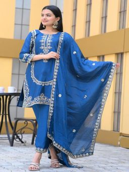 Odette - Blue Chinon Embroidered Stitched Kurta Pant and Dupatta for Women (Set of 3)