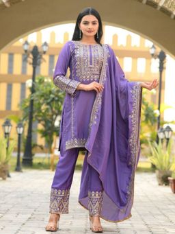 Odette - Lavender Chinon Embroidered Stitched Kurta Pant and Dupatta for Women (Set of 3)