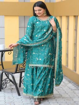 Odette - Sea Green Chinon Embroidered Stitched Kurta Pant and Dupatta for Women (Set of 3)