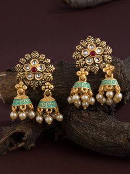 E2O - Green Classic Jhumkas With Studded Floral Earrings