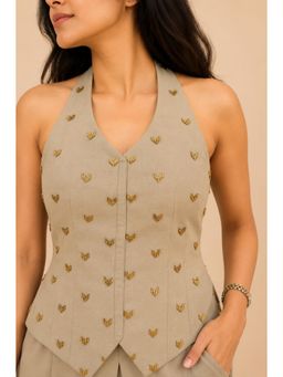 Urban Suburban - Olive Green Hand Embroidered Halter Top
