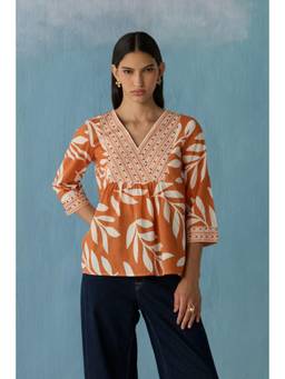 Ancestry - Burnt Orange Stencil Leaf Top