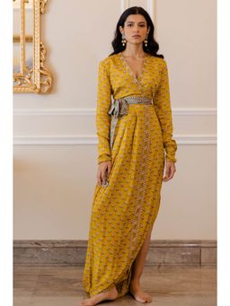 Paulmi & Harsh - Mustard Yellow Butti Printed Cowl Dress (Set of 2)