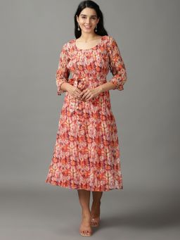 SHOWOFF - Womens Printed Round Neck Multi Midi Dress