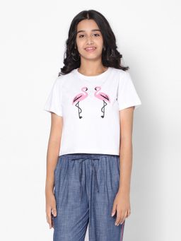 TeenTrums - Girls Cotton Flamingo Print Crop Top White