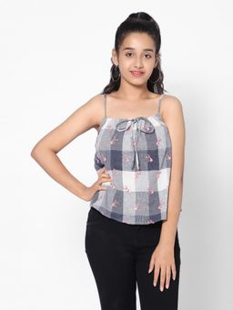 TeenTrums - Girls Check With Floral Embroidery Top Grey