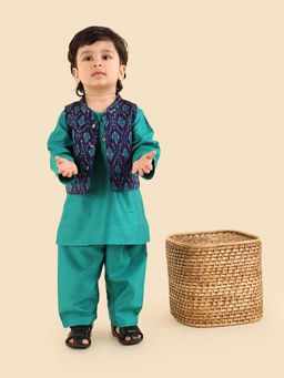 Fabindia - Teal Viscose Blend Ikat Kurta With Nehru Jacket & Pyjama