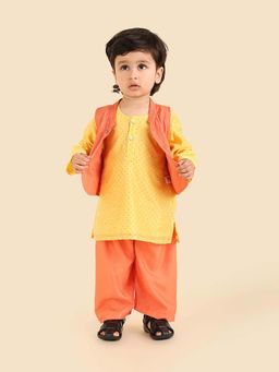 Fabindia - Yellow Cotton Silk Kurta With Nehru Jacket & Pyjama