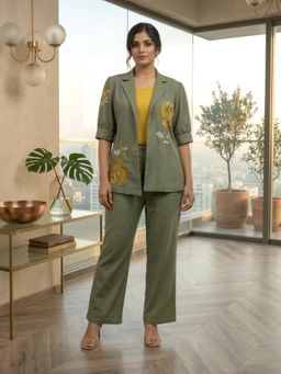 Autumnlane - Drona Moss Embroidery Cotton Top With Jacket & Pant