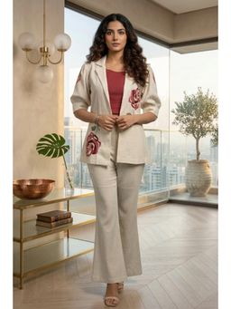 Autumnlane - Drona Pearl Embroidery Cotton Top With Jacket & Pant