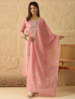 INDDUS - Women Floral Sequinned Embroidered Kurta With Palazzo & Dupatta