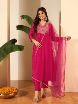 INDDUS - Women Floral Embroidered A-Line Kurta With Pant & Dupatta