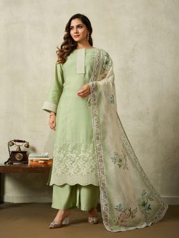 INDDUS - Women Floral Thread Embroidered Chikankari Kurta With Palazzo & Dupatta