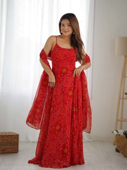 FAST FASHIONS - Red Printed Anarkali Kurta With Churidar & Dupatta