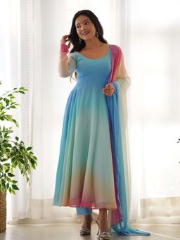 FAST FASHIONS - Dyed Anarkali Kurta With Churidar & Dupatta