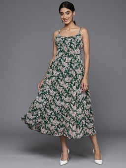 Varanga - Women Green Floral Printed Spaghetti Strap Anarkali Midi Dress