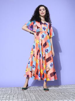 Varanga - Women Multi Colour Abstract Printed V-Neck A-Line Maxi Dress
