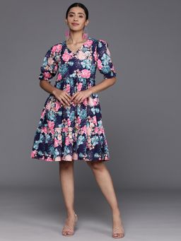 Varanga - Women Navy Blue Floral Printed Tiered Knee Dress