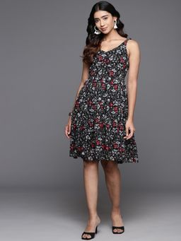 Varanga - Women Black Floral Printed V-Neck Tiered Knee Dress with Flared Hem