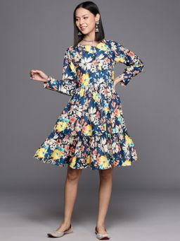 Varanga - Women Blue Floral Printed Knee Dress