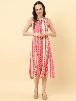 Varanga - Women White and Pink Chevron Printed A-Line Midi Dress