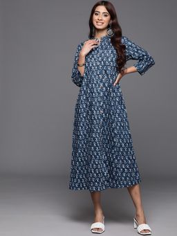 Varanga - Women Blue Ethnic Motif Printed A-Line Midi Dress