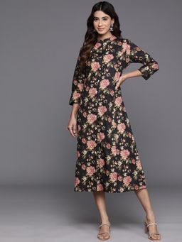 Varanga - Women Black Floral Printed A-Line Midi Dress