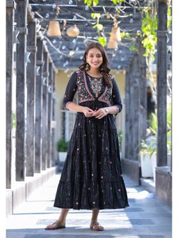 Varanga - Women Black Mirror and Zari Embellished Jacket Style Tiered Midi Dress