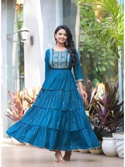 Varanga - Women Teal Zari and Gotta Embellished Tiered Maxi Dress