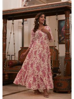 Varanga - Women Off-White Floral Printed Sequin Embroidered Angrakha Ethnic Maxi Dress