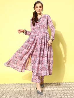 Varanga - Women Pink Abstract Printed Empire Pleates Style Front Slit Kurta with Pant (Set of 2)