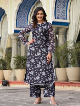 Varanga - Black Floral Printed Kota Check Kurta and Pant (Set of 2)