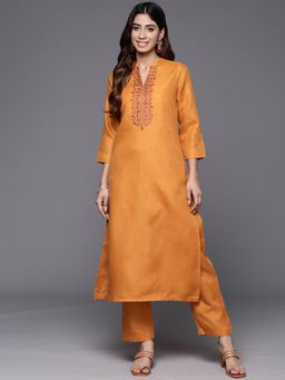 Varanga - Mustard Embroidered Straight Kurta Paired with Tonal Solid Pant (Set of 2)