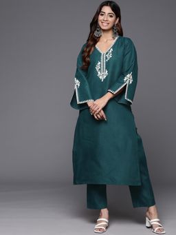 Varanga - Teal Thread Embroidered Kurta and Pant (Set of 2)